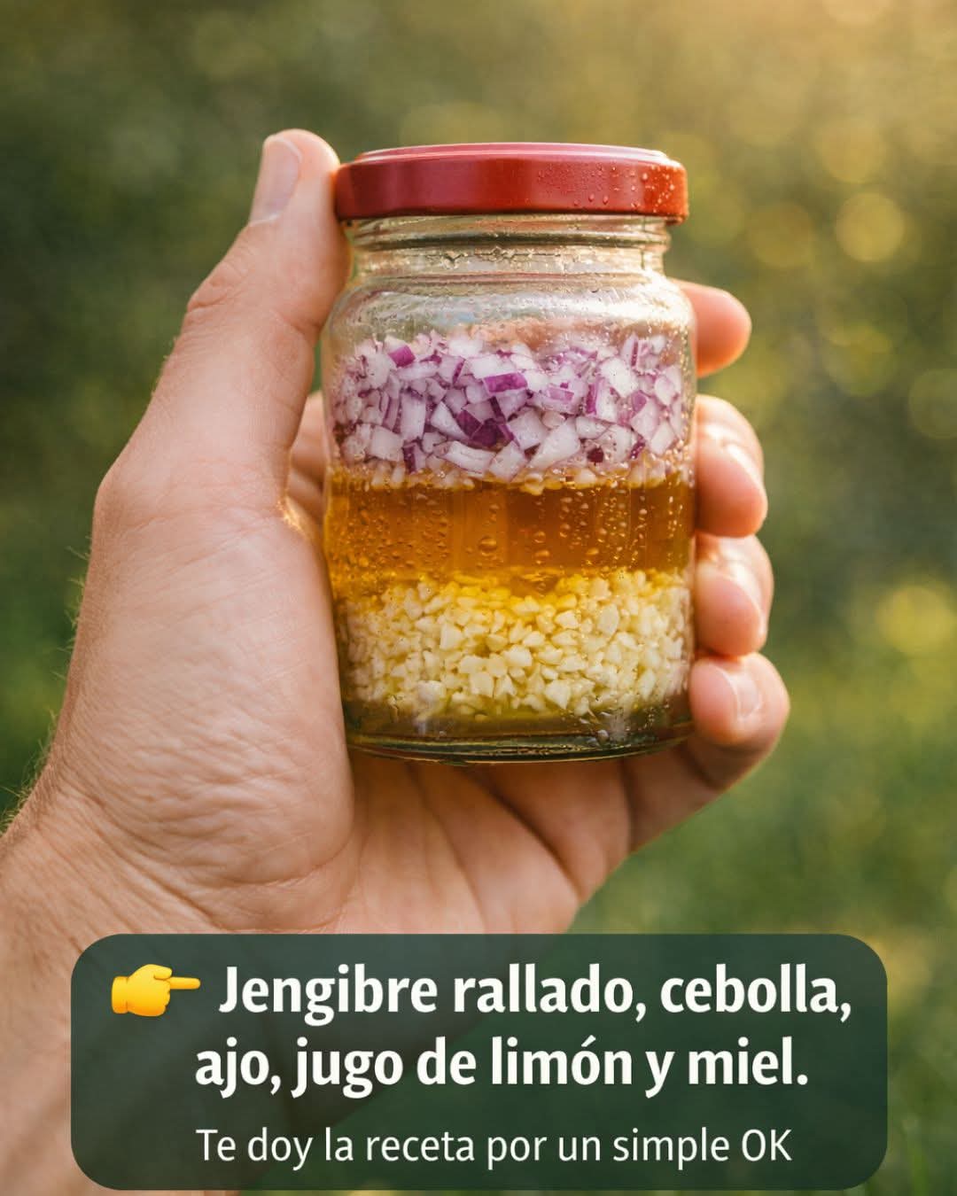 Jengibre rallado, cebolla, ajo, jugo de limón y miel. Una cuchara..ver mas